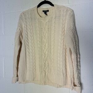 Lauren Ralph Lauren Womens Large Cream Cable Knit Cotton Blend Crew Neck Sweater
